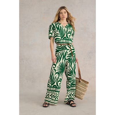 White Stuff Lucinda Eco Vero Wide Trouser Green Printed Size: 14 REGULAR | Wide-Leg & Flared Pants Outlet | Dames | Groen