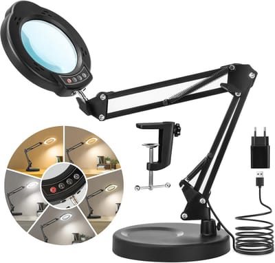 Vergrootlamp met licht en klem | 10x vergroting, 5 kleurmodi, dimbaar | Handen vrij voor knutselen, lezen, en meer