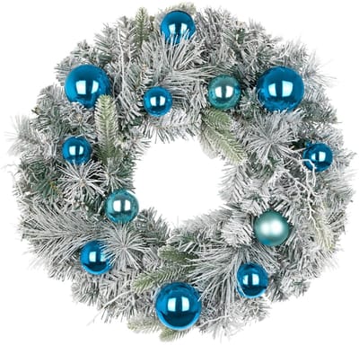 Dailygoods - Oairse Kerstkrans van 61 cm voor voordeur, grote deurkrans met blauwe kerstballen, grote kunstkrans, decoratie met besneeuwde grenen, voor binnen en buiten, Kerstmis, vakantie, hangende