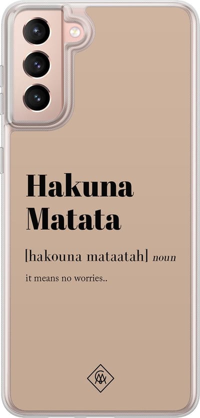 Casimoda® hoesje - Geschikt voor Samsung Galaxy S21 - Hakuna Matata - 2-in-1 case - Schokbestendig - Tekst - Verhoogde randen - Bruin/beige, Transparant