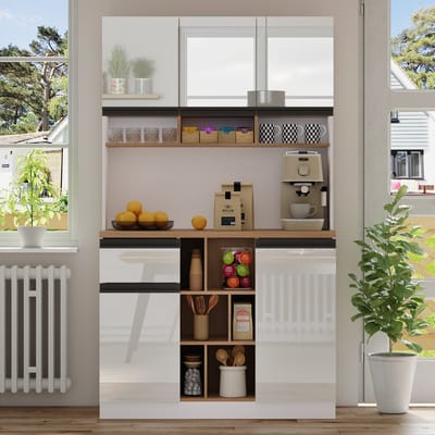moderne keukenkast, 105x45x185 cm, buffetkast, dressoir, hoogglans deuren, metalen handgrepen, verstelbare planken, lades, open opbergruimte, anti-kantelvoorziening, geschikt voor keuken, eetkamer en woonkamer - witte