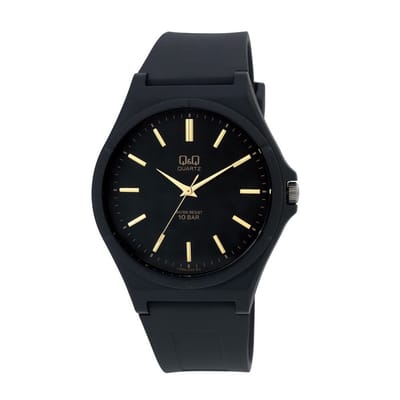 Q&Q VQ66J003Y - Horloge - Polshorloge - Analoog - Mannen - Heren - Plastic band - Overig - Kunststof - Strepen - Zwart - Goudkleurig