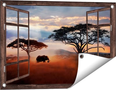 Gards Tuinposter Doorkijk Olifant in het Wild - Savanne - 60x40 cm - Tuindoek - Tuindecoratie - Wanddecoratie buiten - Tuinschilderij