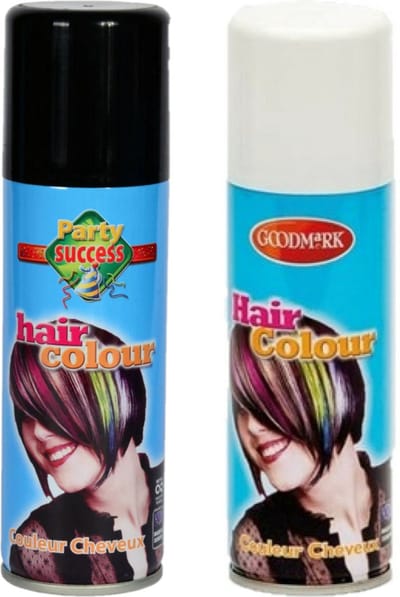 Goodmark Carnaval verkleed haarverf - haarspray - kleuren wit en zwart - 125 ml per flacon - verven