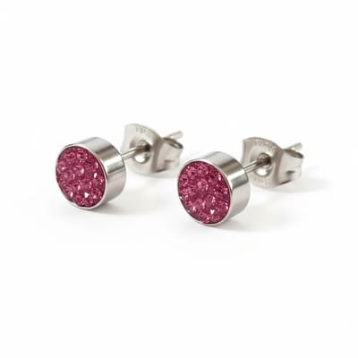 Rvs sieraden- Oorbellen - Zilverkleurige oorstekers fuchsia kristallen
