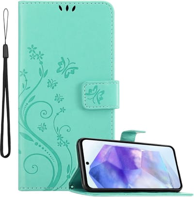 Cadorabo Hoesje geschikt voor Samsung Galaxy A55 in BLOEMEN TURKOOIS - Beschermhoes in bloemmotief met magnetische sluiting, standfunctie en kaartsleuven Book Case Cover Etui