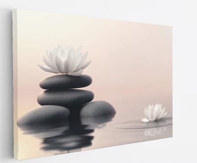 Saammp Canvas Schilderij - Witte Bloemen met stenen - Landschap - Natuur - 45x30 - Foto op canvas - Wanddecoratie - Muurdecoratie Woonkamer - Slaapkamer decoratie - Canvas Print