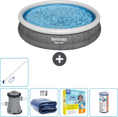 Bestway Rond Opblaasbaar Fast Set Zwembad - Rotanprint - 366 x 76 cm - Inclusief Pomp Solarzeil - Onderhoudspakket - Filter - Schoonmaakset