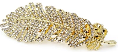 Goudkleurige metalen haarspeld haarclip veer met strass 7 cm