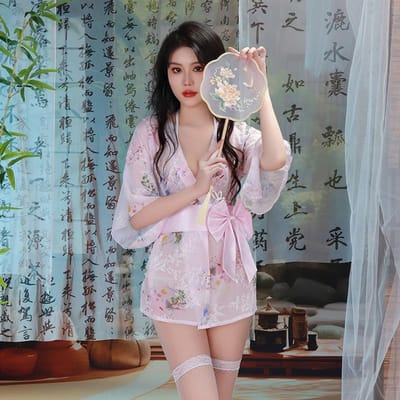 Sexy Ondergoed Japans Sexy Vest Driedelig Pyjama Groot Maat Kimono Set Lief Strikje Perspectief One Size roze