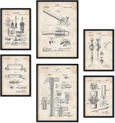 Set van 6 vellen bouwgereedschap posters met antieke uitvindingstekeningen voor vintage woondecoratie