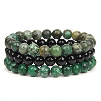 Groen zwart kralen armband set voor dames en heren – elastische armband van steen – 3 stuks