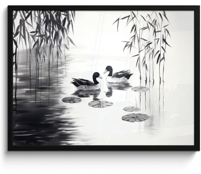 Poster in lijst - Fotolijst 70x50 cm - Posters - Eenden - Waterlelies - Riet - Zwart - Posterlijst zwart - Decoratie - Wanddecoratie woonkamer - Muurdecoratie slaapkamer