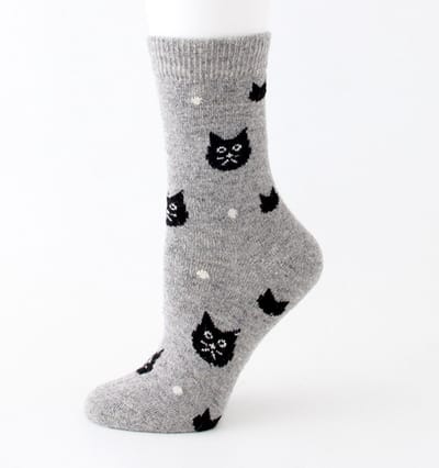 Wol Dames Sokken - Huissokken - Wandelsokken - grijs - leuke print zwarte kat - 36-40 - cadeau voor haar - geschenk vrouwen - gift - warm - zacht