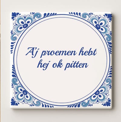 Grappige Twentse Tegel 15x15cm – “A’j Proemen Hebt, Hej Ok Pitten” – Humoristische Delfts Blauwe Keramische Wanddecoratie – Origineel Streekcadeau