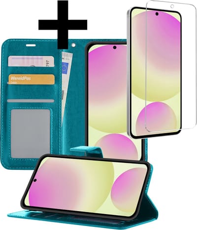 Hoesje - Met Screenprotector - Geschikt voor Samsung Galaxy S24 FE - Luxe Pasjeshouder - Bookcase Portemonee - Flip Case - Kunstleer Book Case - Flipcase - Book Cover - Walletcase - Portemonneehoes - Telefoonhoesjes - Turquoise