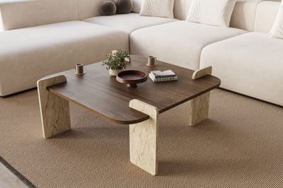Asir - Salontafel - Notenhout, travertijn - 100% met melamine gecoat spaanplaat - 90 x 90 x 35 cm