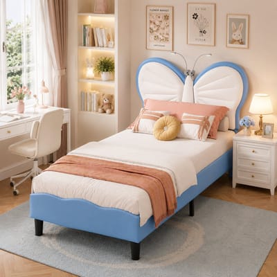 Kinderbed 90x200 cm, gestoffeerd bed met vlinderhoofdeinde, eenpersoonsbed met leeslampje, geschikt voor tieners en meisjes, PU-materiaal, Blauw