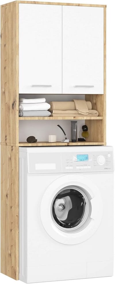 Wasmachine-ombouwkast met 2 deuren | Bovenbouwkast 64 cm | Hoge Wasmachinekast | Opbergkast voor Badkamer | Wit Artisan-eiken