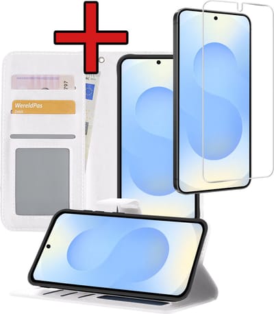 Hoesje - Met Screenprotector - Geschikt voor Samsung Galaxy S25 - Luxe Pasjeshouder - Flipcase - Bookcase Portemonee - Flip Case - Kunstleer Book Case - Book Cover - Walletcase - Portemonneehoes - Telefoonhoes - Wit