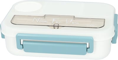 Mooie Lunchbox 1300ml - BPA vrij - Bentobox - Ook te gebruiken als Broodtrommel - Wit met blauw - Met Bestek en Sausbakje