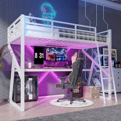 Komhtom Hoogslaper, 90 x 200 cm, ijzeren frame, ledstrip, veiligheidshek, ladder, bureau, zonder matras, wit