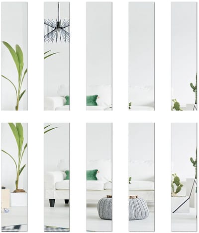 Dailygoods - 10 stuks spiegels van glas elk 5 x 20 cm, spiegeltegels, wanddecoratie, rechthoekige acrylspiegelstickers, 3D-effect, zelfklevende wandspiegel, frameloos doe-het-zelf (zilver)