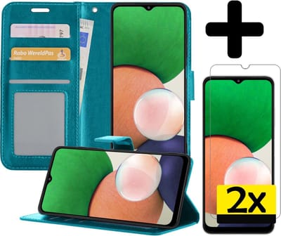 Hoesje - Met 2x Screenprotector - Geschikt voor Samsung Galaxy M22 - Luxe Pasjeshouder - Bookcase Portemonee - Flip Case - Kunstleer Book Case - Flipcase Hoes - Book Cover - Walletcase - Portemonneehoes - Telefoonhoesjes - Turquoise