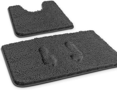Badmat van chenille, set van 2 badmatten, antislip, absorberend, U-vormig contourtapijt en deurmat voor badkamer, douche, wasbaar en super zacht (donkergrijs)