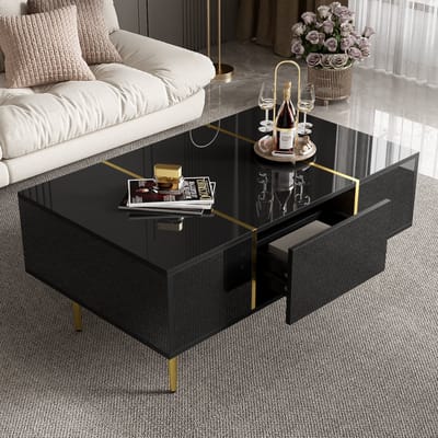 Wishdor Salontafel Hoogglans Zwart met Gouden Accenten – 2 lades | MDF | 100×60×41,5 cm | Onderhoudsvriendelijk en Modern