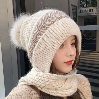 BRD® Winter | 2-in-1 Gebreide Muts en Sjaal Creme dik met pompon