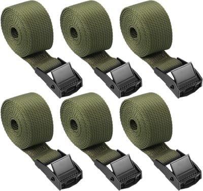Zes stevige lashing straps met cam buckle voor motorfietsen, fietsen en bagage (100 x 2.5 cm), groen, ideaal voor veilig vastzetten en transporteren van lasten