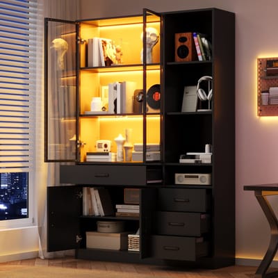 Clruro Vitrinekast - 120 x 35 x 200 cm - met LED en app-bediening - Spaanplaat + Glas - Zwart