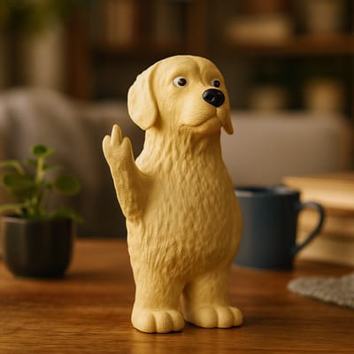 AnimalsAttitude – Kleine Golden Retriever Figurine met Middelvinger – 3D-geprint PLA Beeldje – Cute Desk Accessory