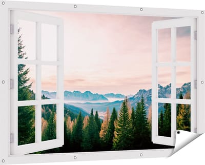 Gards Tuinposter Doorkijk Bos met Bomen bij Bergen Landschap - 150x100 cm - Tuindoek - Tuindecoratie - Wanddecoratie buiten - Tuinschilderij