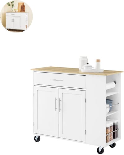 Keukeneiland - Verplaatsbaar - Keukenkast - Dressoir - Organizer - Kasten - Houten Werkblad - Wit