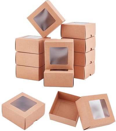 Dailygoods- Kraftpapierdozen 12 Stuks - Bruine Geschenkdozen met Venster - Vierkante Dozen 10 x 10 x 5 cm - Duurzaam Kraftpapier - Voor Bakkerijen/Sieraden