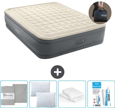 Intex Luchtbed - 2-Persoons - 152 x 203 x 46 cm - Grijs - Inclusief pomp - Hoeslaken - Kussen - Reparatieset en Kussenbeschermer