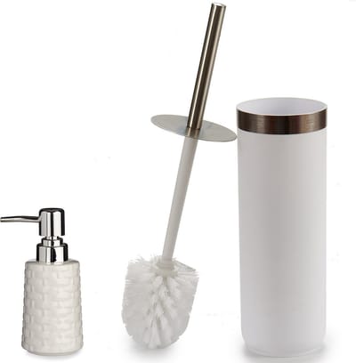 Berilo - WC-/toiletborstel houder 38cm met zeeppompje 150ml wit/zilver
