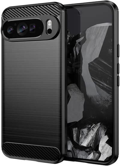MobyDefend Hoesje - Geschikt voor Google Pixel 9 Pro XL - TPU Backcover - Geborstelde Metaal & Carbon-Look - Zwart