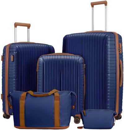 Reiskofferset – Voor reizigers – Lichtgewicht en duurzaam – 5-delige set in navy blauwe harde schaal met TSA-slot, spinnerwielen, reistas en toilettas