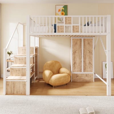 VVBV Houten Hoogslaper 140x200 cm met Lades, Kledingkast - Opbergtrap, Uitvalbeveiliging, Opbergruimte - Hout/Metaal Wit