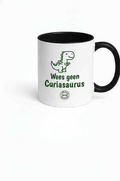 Grappige Mok Dinosaurus 'Wees Geen Curiasaurus' – Cadeau Collega – Wit met Zwart – Keramiek 330 ml