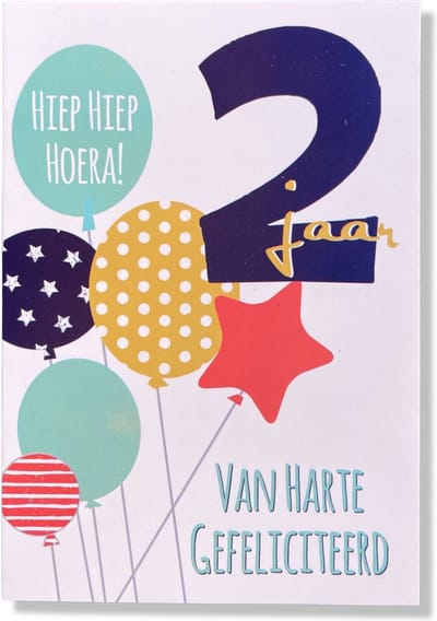 Hoera 2 Jaar! Luxe verjaardagskaart - 12x17cm - Gevouwen Wenskaart inclusief envelop - Leeftijdkaart