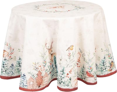 Clayre & Eef Tafelkleed Ø 170 cm Wit Rood Katoen Rond Hert Tafellaken