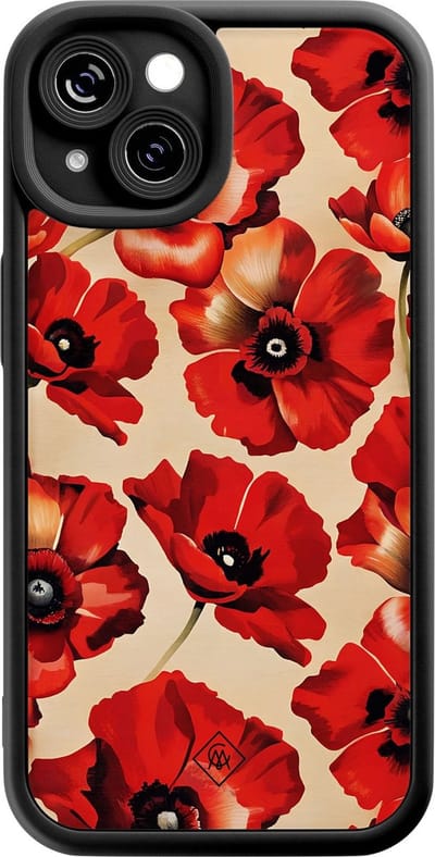 Casimoda® hoesje - Geschikt voor iPhone 14 - Poppy Flowers - Effen telefoonhoesje met lensbescherming - Siliconen/TPU - Backcover - Rood