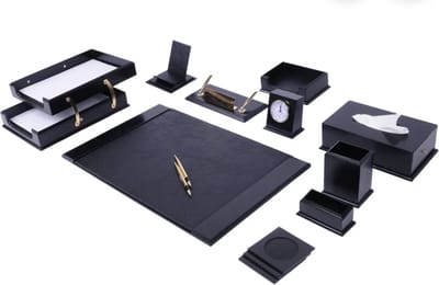Prestige Houten Bureau Set - ZWART - 12 delige - Lederen bureau Set - Office Desk Organizer Set - handgemaakte lederen bureau set - Manager Gift