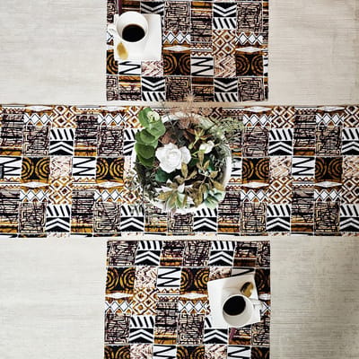 Handgemaakte tafelloper 160cm en Set van 4 placemats | Afrikaanse printBogolan-geïnspireerde print gemaakt van 100% Afrikaanse printstof