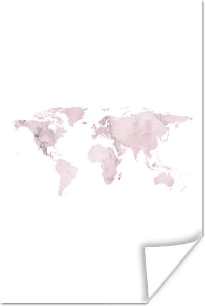 Poster 60x90 cm - Wereldkaart - Marmer - Roze - Posters - Kamer decoratie - Wanddecoratie woonkamer - Muurdecoratie slaapkamer