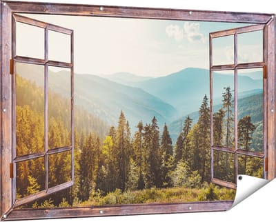 Gards Tuinposter Doorkijk Bos met Bomen in de Hoge Bergen - 150x100 cm - Tuindoek - Tuindecoratie - Wanddecoratie buiten - Tuinschilderij